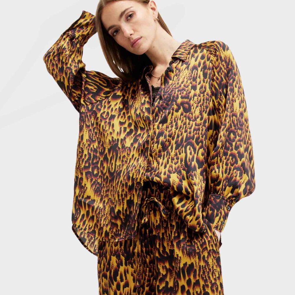 Allsaints Oana Satin Leopard Oversized Collared Button Front Shirt Blouse 6